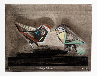 Pássaros Brilhantes, 2014 (litografia mokulito com coloração manual) de Cathie Pilkington
