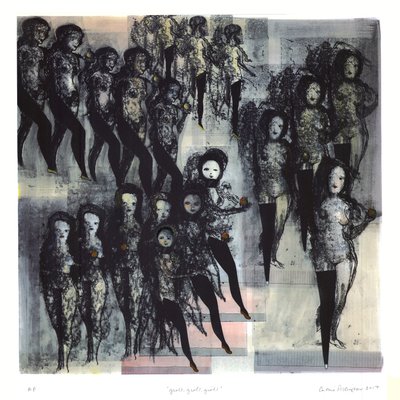 Raparigas, raparigas, raparigas, 2017 (litografia colorida à mão) de Cathie Pilkington
