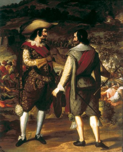 A captura de San Juan em Porto Rico (Porto Rico) (1625). Detalhe. Em primeiro plano, Don Juan de Haro fala com o seu assistente. Atrás dele, a fortaleza guardada pelos espanhóis que obrigam os holandeses a partir. Pintura de Eugenio Caxes ou Cajes (1577-16 de Caxesi or Caxete Eugenio Caxes