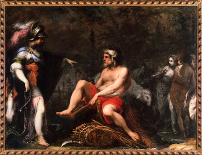 Herminie aparece aos pastores vestidos com a armadura de Clorinda, cena de Jerusalém Entregue (Pintura de Cecco  Bravo