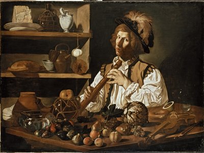 Interior, com, um, natureza morta, e, um, homem jovem, segurando, um, registrador, 17o século de Cecco de Caravaggio