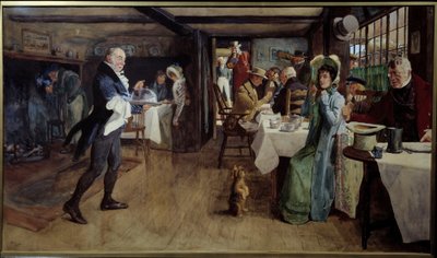 O pequeno-almoço na pousada. Pintura de Cecil Aldin (1870 - 1935) Ec. Ang. de Cecil Charles Windsor Aldin