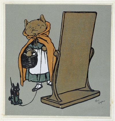 Gato em frente ao seu espelho - desenho de Cécil Aldin. de Cecil Charles Windsor Aldin