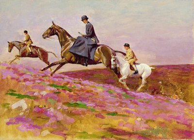 Lady Currie com seus filhos Bill e Hamish Hunting on Exmoor (óleo sobre tela) de Cecil Charles Windsor Aldin