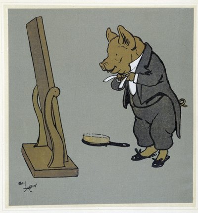 Pig se grooming, adjustant son knot de tie devant un miroir - in "Merry Party", ill. by Cécil Aldin, ed. Hodder & Stoughton, London de Cecil Charles Windsor Aldin
