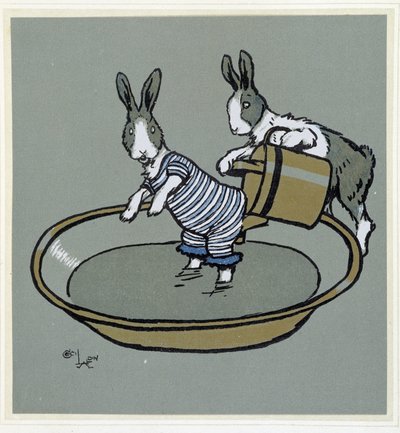 Rabbits prennant un bain - in "Merry Party", ill. by Cécil Aldin, ed. Hodder & Stoughton, London de Cecil Charles Windsor Aldin