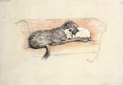 Reconciliação; Wolfhound e Bull Terrier Adormecidos num Sofá (pastel sobre papel) de Cecil Charles Windsor Aldin