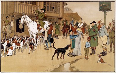 Pare na pousada durante uma caça à lebre. Aquarela de Cecil Aldin (1870-1935) de Cecil Charles Windsor Aldin