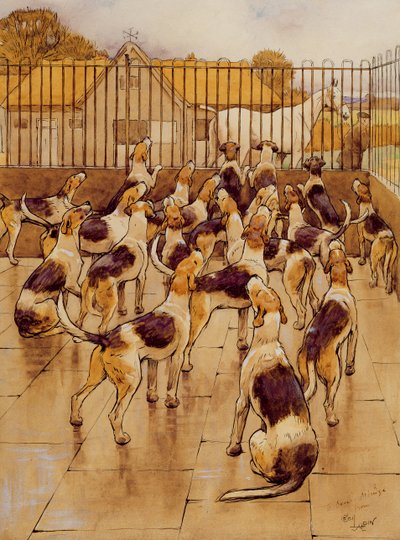 Os Hounds começaram subitamente a uivar em coro (grafite, caneta e tinta e papel no papel) de Cecil Charles Windsor Aldin