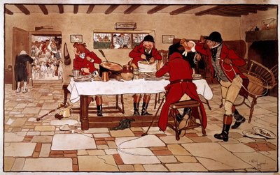 O lanche dos três pombos. Os caçadores cozinham e comem rapidamente antes de partir para a caça. Gravura de Cecil Aldin (1870 -? ), Inglaterra. Coll. Deal de Cecil Charles Windsor Aldin