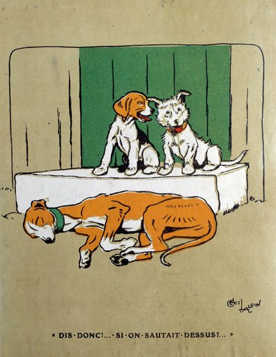 Porque não saltamos sobre dois cães e hesitamos em acordar um fermento adormecido? Aquarela de Cecil Aldin (1870-1935) Paris do século XIX, Artes Decorativas de Cecil Charles Windsor Aldin