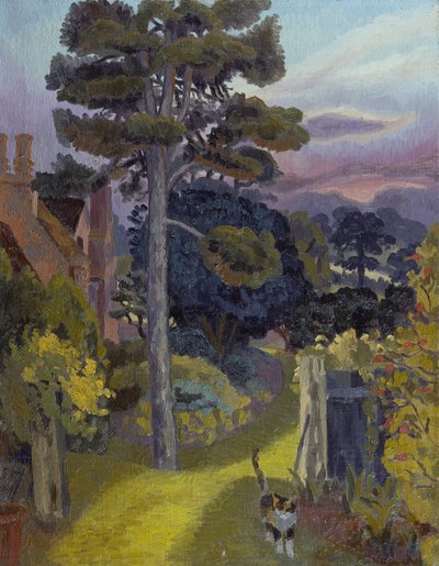 Pansy, o gato do artista no jardim em Bent End (óleo sobre tela) de Cedric Morris