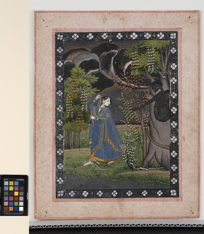 Abhisarika Nayika, c.1820 (pigmentos opacos e ouro sobre papel) de Central Indian School
