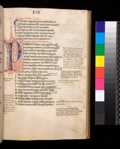 Sra. 325. Lucan, Bellum Civile, e outras obras, f.35r. Parted Initial [P] em vermelho e azul com caneta contrastante florescendo, c.1353 (pergaminho) de Central Italian School