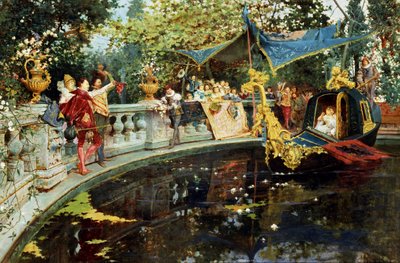 A partida de cesare. Divertimento na corte de Inglaterra: passeio de barco numa bacia. Pintura de Agostino Detti (1847-1914 italiano) Coleção particular de Cesare-Auguste Detti