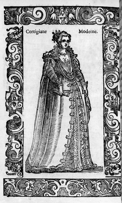Renascença: uma cortesã romana do século XVI. Gravura de "Roupas Modernas e Antigas" de Cesare Vecellio de Cesare (attr. to) Vecellio