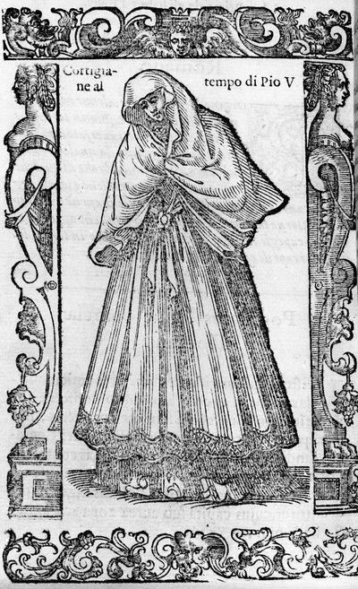 Renascença: uma cortesã na época do Papa Pio V (1566-1572). Gravura de "Roupas Modernas e Antigas" de Cesare Vecellio de Cesare (attr. to) Vecellio
