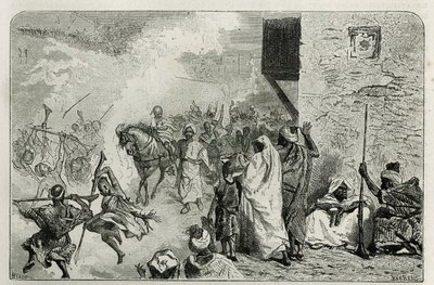 Um rapazinho que se veste de triunfo no regresso da circuncisão, no meio da multidão que dispara tiros no ar, enquanto grita e se diverte novamente, gravado por C.Biseo para ilustrar a história Le Maroc de Edmondo de Amicis, em de Cesare Biseo