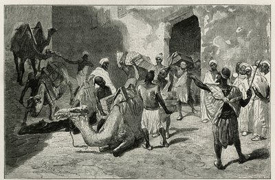 O carregamento de camelos da caravana do autor da história, Atanger, gravada por Biseo, para ilustrar a história Le Maroc de Edmondo de Amicis, em 1875, publicada no tour du monde, sob a direcção de Edouard Charton de Cesare Biseo