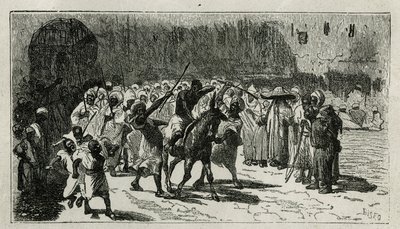 o chatiment de um ladrão, sobe numa mula, recebe bastões sob o matiz da multidão, gravado por C. Biseo, para ilustrar a história Le Maroc de Edmondo de Amicis, em 1875, publicado no tour du monde, sob a direcção de Edouard Charton de Cesare Biseo