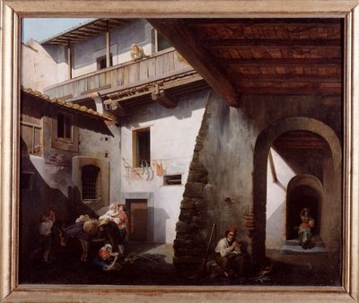 Camponeses no pátio de uma estalagem (camponeses italianos num tribunal de estalagem) Pintura de Cesare Coghetti (activo entre 1859 e 1881) 1863 Dim 70x85 cm Genes, Galleria d