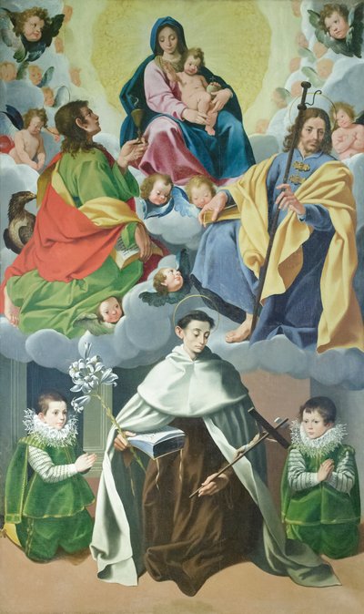 Virgem com o Menino e São Tiago, João Maior, Alberto degli Abati e duas crianças da casa Panici, c.1595-1598 (óleo sobre tela) de Cesare & Conti Vincenzo Conti