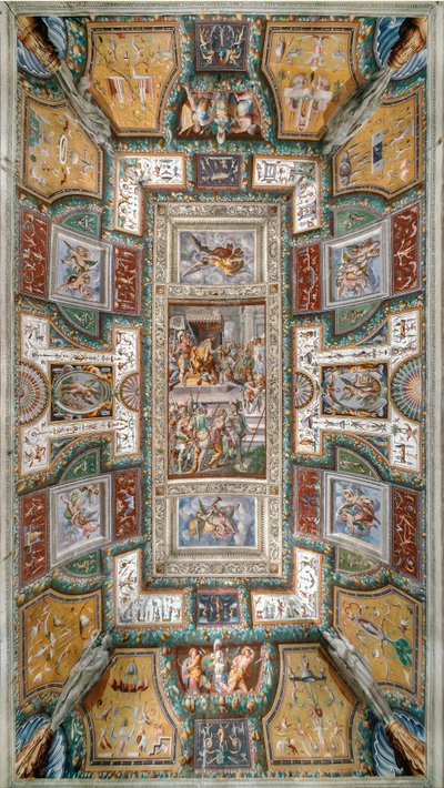 Pier Maria Rossi tendo a honra da Ordem de São Miguel, Vista do teto da Sala delle Gesta Rossiane, Rocca dei Rossi, San Secondo, Parma, Itália, c. 1570 (fresco) de Cesare and Jacopo Bertoia and others Baglione