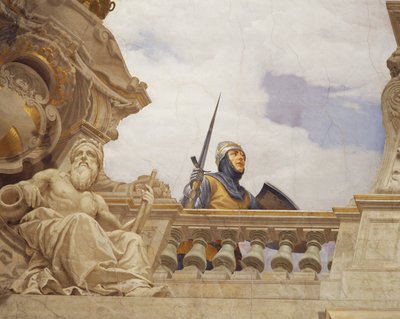 Detalhe da Alegoria da Itália, afresco de Cesare Mariani (1826-1901), teto, Salão da Maioria, Palazzo delle Finanze (Palácio das Finanças), Roma. Itália de Cesare Mariani