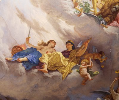 Detalhe da Alegoria da Itália, afresco de Cesare Mariani (1826-1901), teto, Salão da Maioria, Palazzo delle Finanze (Palácio das Finanças), Roma. Itália de Cesare Mariani