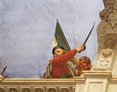 Detalhe da Alegoria da Itália, afresco de Cesare Mariani (1826-1901), teto, Salão da Maioria, Palazzo delle Finanze (Palácio das Finanças), Roma. Itália de Cesare Mariani