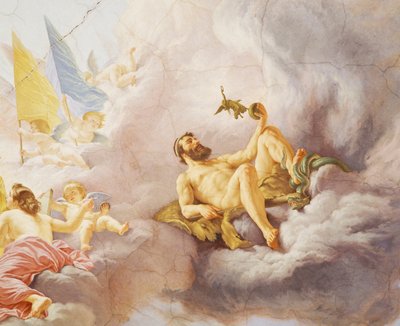 Detalhe da Alegoria da Itália, afresco de Cesare Mariani (1826-1901), teto, Salão da Maioria, Palazzo delle Finanze (Palácio das Finanças), Roma. Itália de Cesare Mariani
