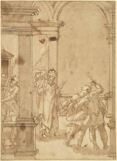 Duas figuras lutando diante de um rei de Cesare Nebbia