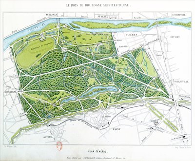 Plano do Bois de Boulogne em Paris, publicado pela Caudrilier, 1860 de Ch. Walter