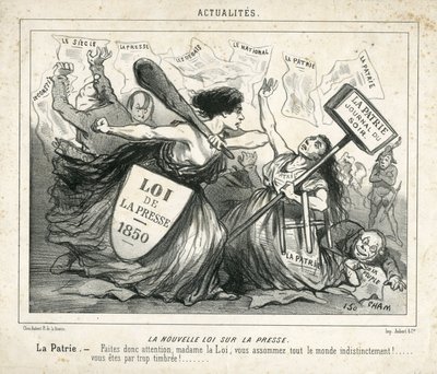 Ilustração de Cham (1819-1879) em Le Charivari, circa 1850-4-3 - A nova lei da imprensa - Censura, Imprensa/Mídia, Loi - Proudhon Pierre-Joseph (1809-1965), Girardin Emile de (1806-1881) - Allegorie de Amédée de Noé