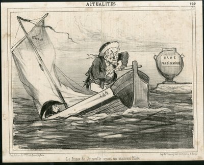 Ilustração de Cham (1819-1879) em Le Charivari, cerca de 1850 - O Príncipe de Joinville tendo um mau piloto - Eleições, Presidente da República, Náutica Marítima Nautique Balneaire - Thiers Adolphe, François d