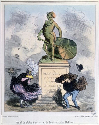 Projecto de construção de uma estátua em honra de Macadam no Boulevard des Italiens, Paris (cor litho) de Amédée de Noé