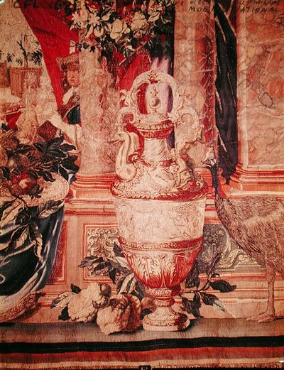 O Mês de Janeiro, da série de tapeçarias &39;Les Maisons Royales&39;, produzida na Oficina Gobelins para Luís XIV (tapeçaria) (pormenor de 391182) de Charles (after) Le Brun