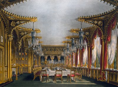 Sala de jantar gótica, Gravura de Thomas Sutherland (1785-1838), Baseado no design de Charles Wild (1781-1835), From The History of the Royal Residences de Charles (after) Wild