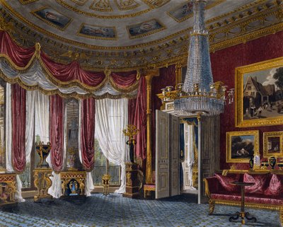 Pink satin drawing room, Engraving by Richard Reeve (nascido em 1780), Based on design by Charles Wild (1781-1835), From The History of the Royal Residences de Charles (after) Wild