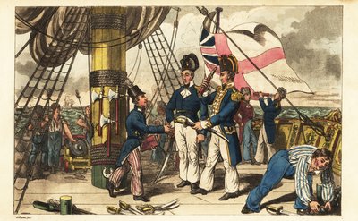 Capitão Spring faz do Midshipman Newcome o seu ajudante de campo e entrega-lhe a sua espada no quarterdeck do HMS Victory de Charles (c.1797 1850) (after) Williams