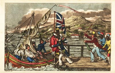 Oficial da Marinha inglesa raptando uma mulher escravizada no Cais de Barbados, perseguida pelo seu marido proprietário e trabalhadores das plantações de Charles (c.1797 1850) (after) Williams