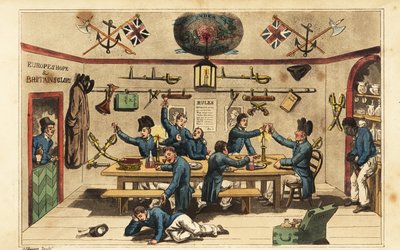 Johnny Newcome trazendo rum para os seus companheiros na confusão do aspirante. de Charles (c.1797 1850) (after) Williams