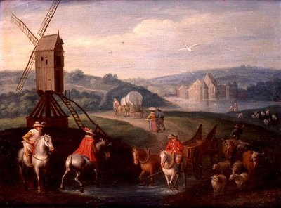 Paisagem com um moinho de vento (óleo sobre painel) de Charles (circle of) Beschey