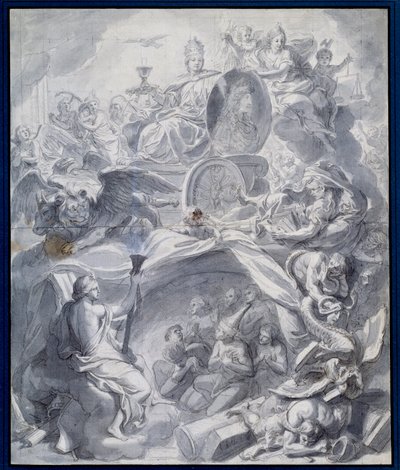 Alegoria: "A Igreja Vitoriosa de Heresie ou o Triunfo da Religião" Desenho de uma guache e a lavagem da oficina de Charles Lebrun (Le Brun) (1619-1690) Paris do século XVII, Musee du Louvre de Charles (studio of ) Le Brun