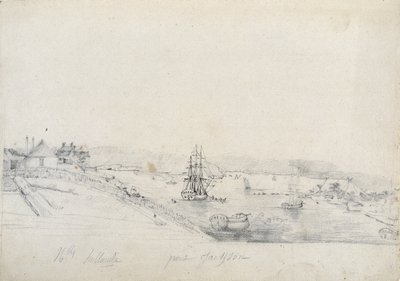 À direita, o acampamento dos franceses da expedição Baudin ao ponto de Bennelong, à esquerda, Sydney, casa de Nicolas Bayley - lápis e tinta de Charles Alexandre Lesueur de Charles Alexandre Lesueur
