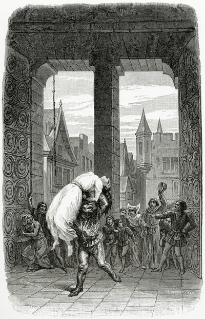 Quasimodo salva Esmeralda de execução - ilustração da Notre Dame de Paris, século XIX (gravura de bw) de Charles Alexandre Lesueur