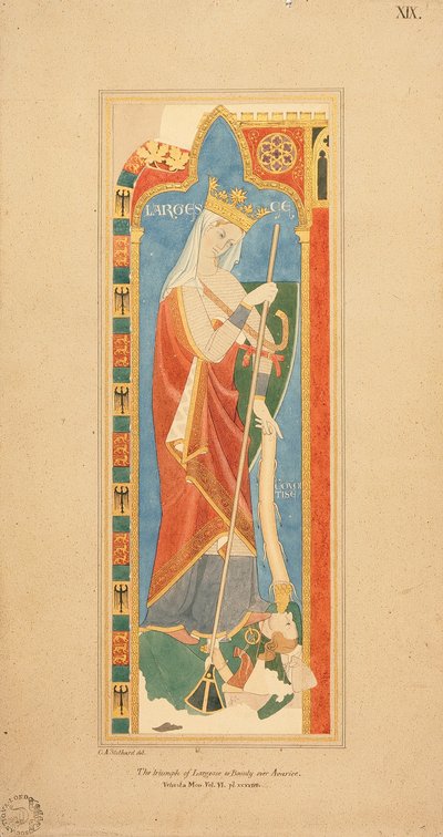 As Virtudes Largesce e Debonerete (Largesce) 1819 (aguarela com pormenores em relevo a dourado sobre papel) de Charles Alfred Stothard