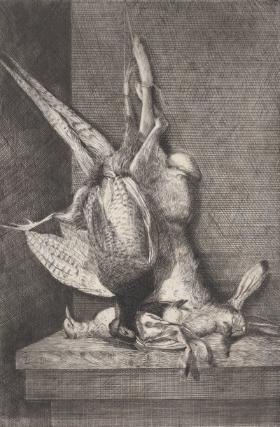 Troféu de caça com aves de caça e coelho, 1850-1900. de Charles Alphonse Deblois