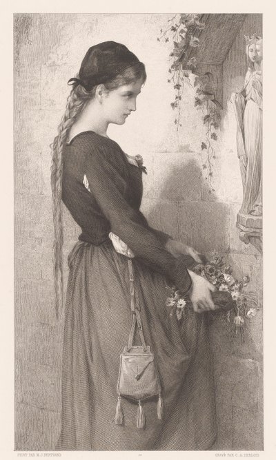 Jovem traz flores para nicho com estátua de Maria Marguerite (título no objeto) de Charles Alphonse Deblois