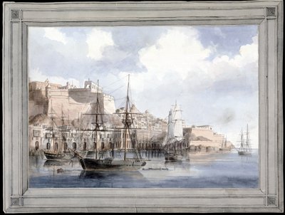Vista em Malta (o grande porto de Valletta com o Forte Sant Angelo) - Pintura de Charles Andrew Dyce (1816-1853), aguarela sobre papel (25,1x34,9 cm), cerca de 1849 - Universidade de Yale (EUA) de Charles Andrew Dyce